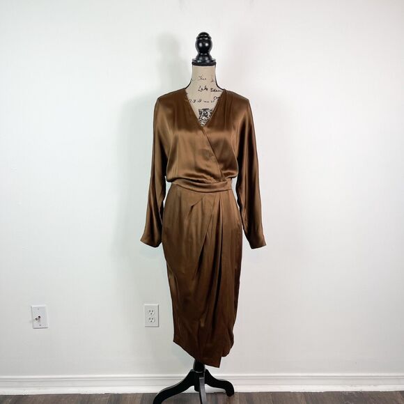 Brunello Cucinelli Dresses & Skirts - Brunello Cucinelli NWT Long-Sleeve Satin Wrap Midi Dress Brown Size S